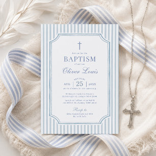 Elegant Blue Stripes Boy Baptism Invitation
