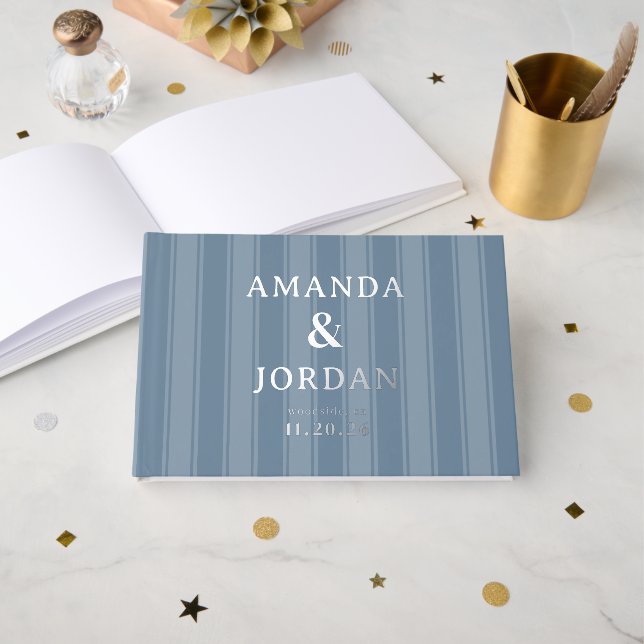 Elegant Blue Stripes Guest Book (Front Open)