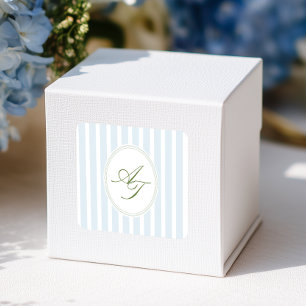 Elegant Blue Stripes Monogram Square Sticker