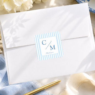 Elegant Blue Stripes Monogram Wedding Square Sticker