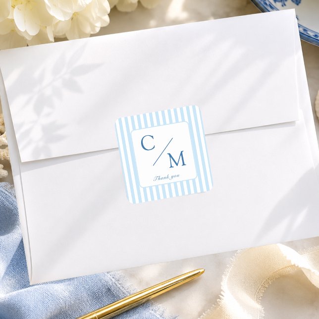 Elegant Blue Stripes Monogram Wedding  Square Sticker (Elegant Blue Stripes Monogram Wedding Square Sticker)