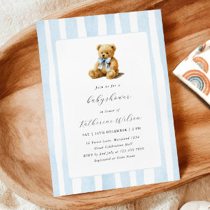 Elegant Blue Stripes Teddy Bear Baby Shower Invitation