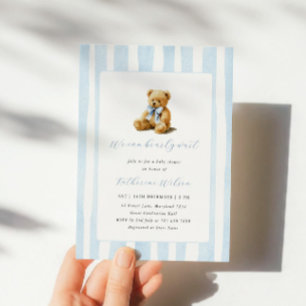 Elegant Blue Stripes Teddy Bear Baby Shower Invitation