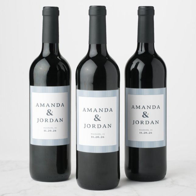 Elegant Blue Stripes Wedding Invitation Wine Label (Bottles)