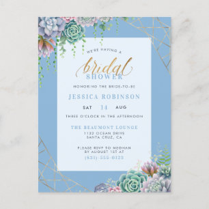 Elegant Blue Succulents & Gold Frame Bridal Shower Invitation Postcard