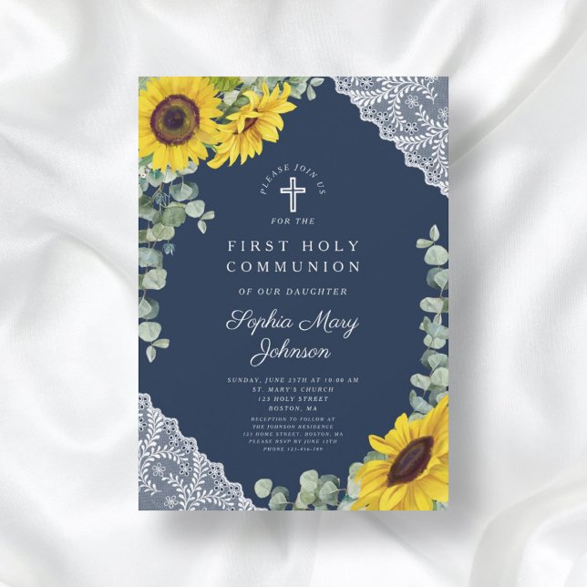 Elegant Blue Sunflowers First Holy Communion Invitation (Elegant Blue Sunflowers First Holy Communion Invitation)