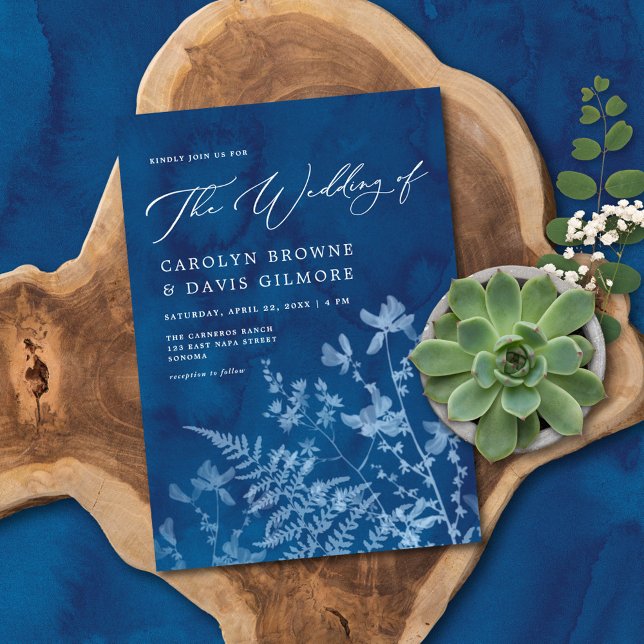 Elegant Blue Sunprint Boho Botanical Wedding Invitation (Creator Uploaded)