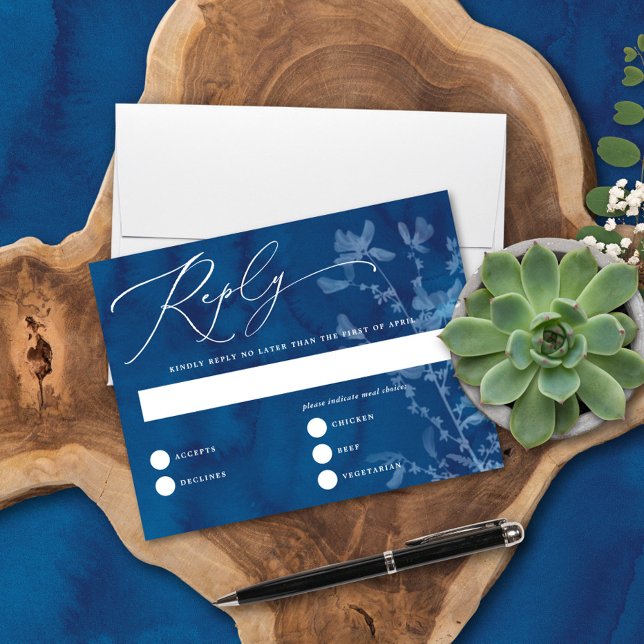 Elegant Blue SunPrint Botanical Wedding Reply Card (Creator Uploaded)