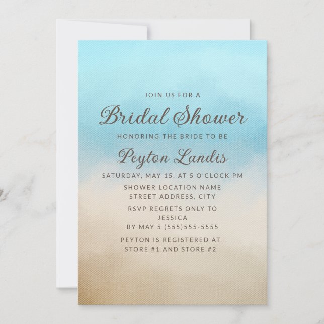 Elegant Blue Tan Beach Ocean Bridal Shower Invitation (Front)
