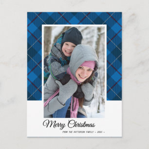 Elegant Blue Tartan Merry Christmas Family Photo Postcard