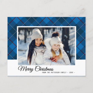 Elegant Blue Tartan Merry Christmas Family Photo Postcard