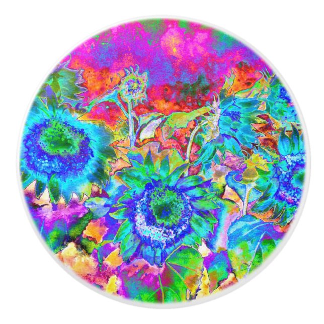 Elegant blue teal boho sunflowers ceramic knob (Front)