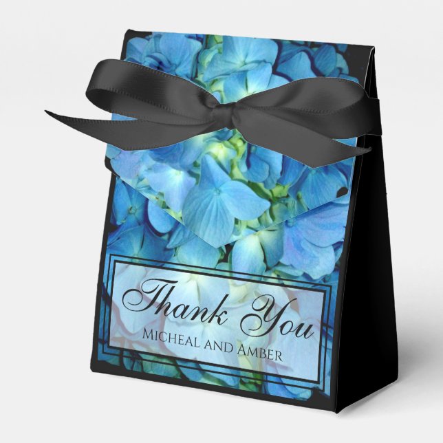 Elegant blue teal floral hydrangeas blue roses favour box (Front Side)