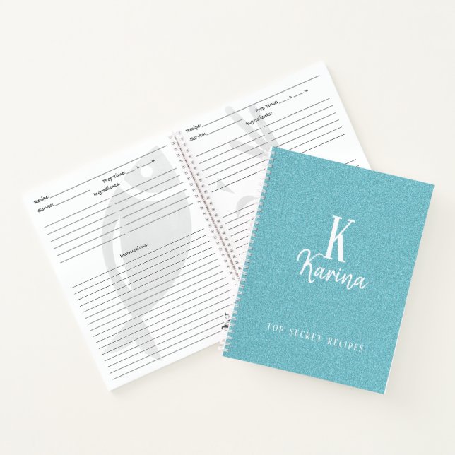 Elegant blue teal monogram script name recipe notebook (Inside)