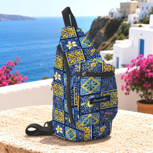 Elegant Blue Teal Sicilian Citrus Tile Art Sling Bag