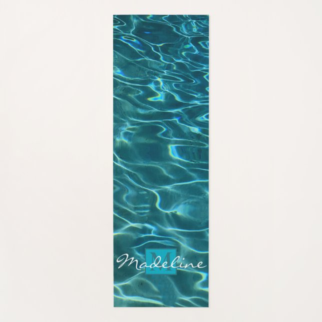Elegant blue teal water pattern monogram yoga mat (Front)