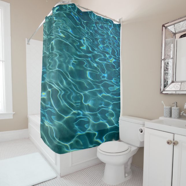 Elegant blue teal water pattern ocean lake waves shower curtain (In Situ)