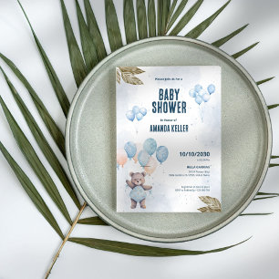 Elegant Blue Teddy Bear Baby Shower Invitation