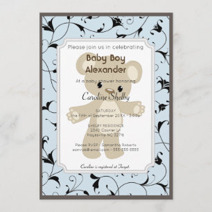 Elegant Blue Teddy Bear Boy Baby Shower Invitation