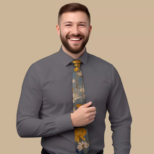 Elegant Blue Tie featuring Intricate Orange & Yell