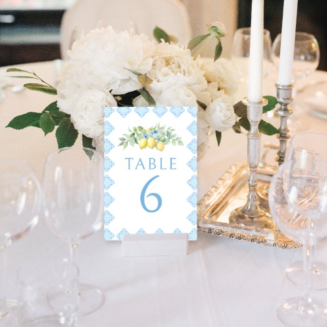 Elegant Blue Tiles Lemon Wedding Table Numbers (Creator Uploaded)