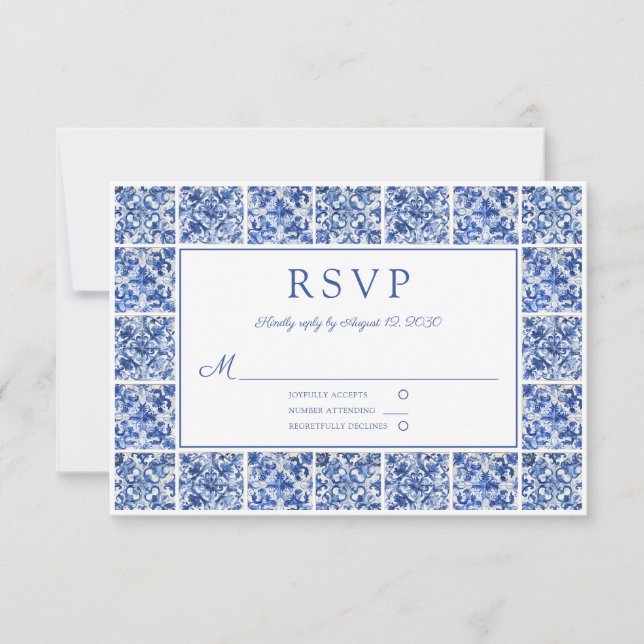 Elegant Blue Tiles Wedding RSVP Card (Front)