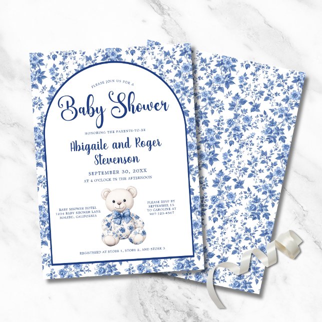 Elegant Blue Toile Baby Shower Invitation (Elegant Blue Toile Baby Shower Invitation with Toile Bear, Couple Names, Parents to Be or Mom to Be.)