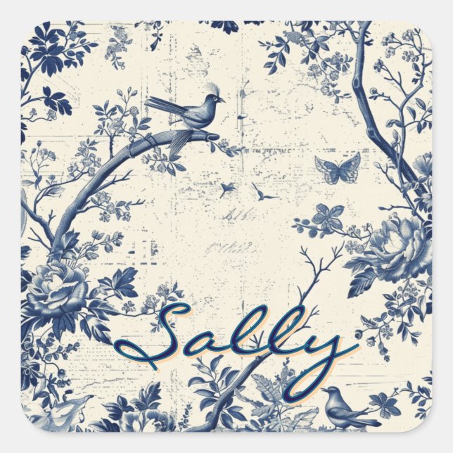 Elegant Blue Toile Bird Floral Pattern Square Sticker (Front)