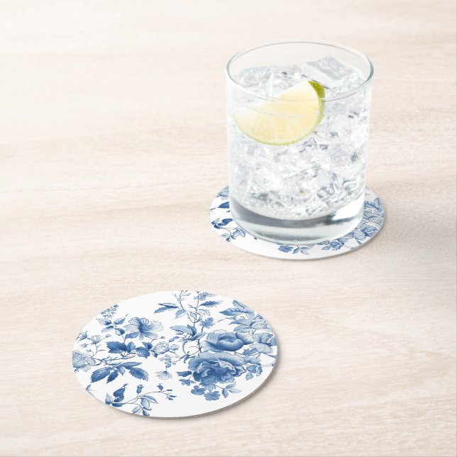 Elegant Blue Toile Chinoiserie Bridal Shower Round Paper Coaster (Insitu)