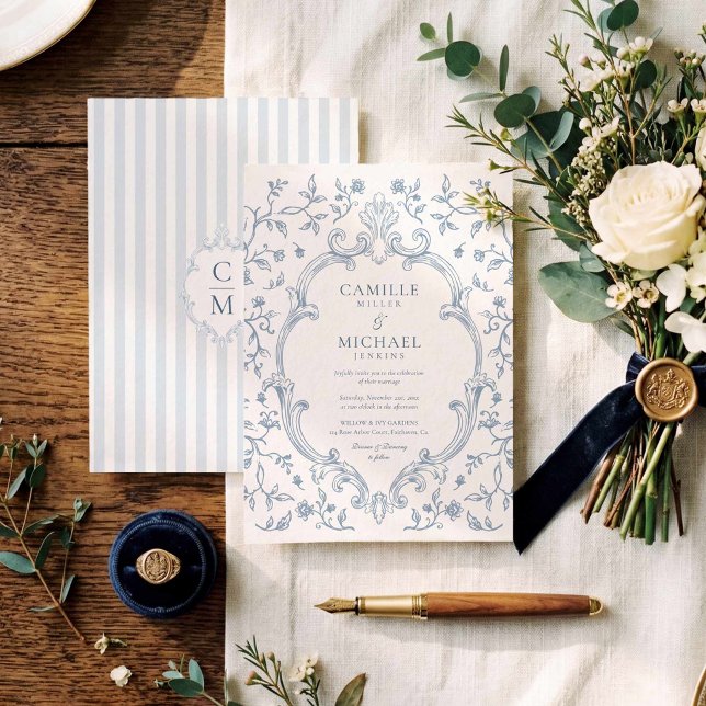 Elegant Blue Toile Crest Wedding Invitation (Classic Crest Blue Stripe Wedding Invitation)