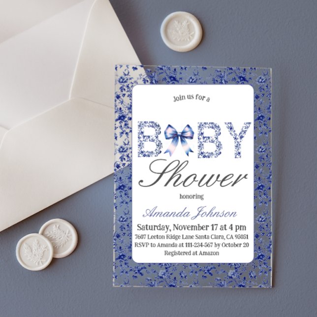 Elegant Blue Toile de Jouy and Bow Baby Shower Acrylic Invitations (Creator Uploaded)