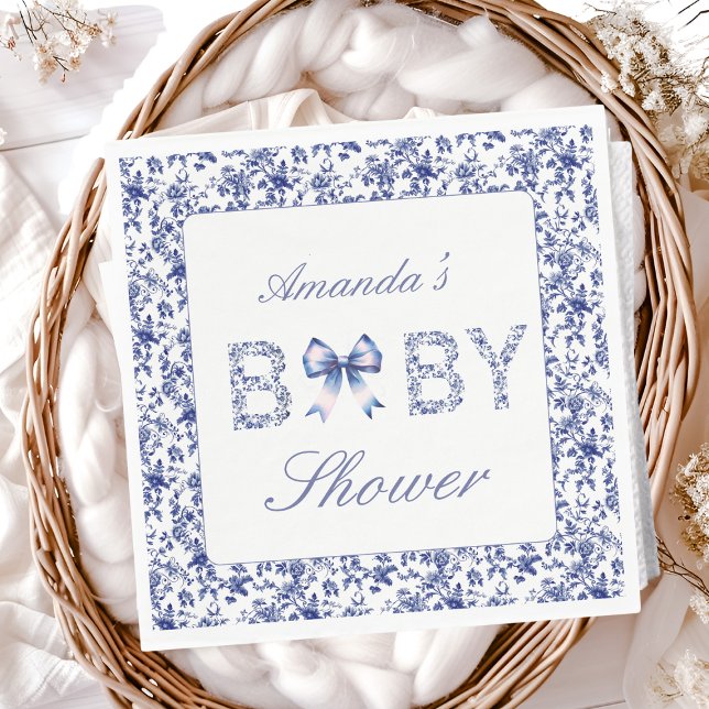 Elegant Blue Toile de Jouy and Bow Baby Shower Napkin (Creator Uploaded)