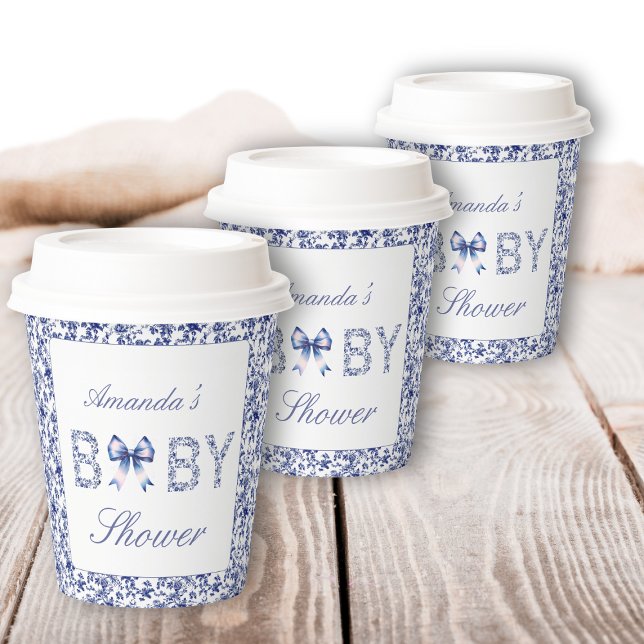 Elegant Blue Toile de Jouy and Bow Baby Shower Paper Cups (Creator Uploaded)