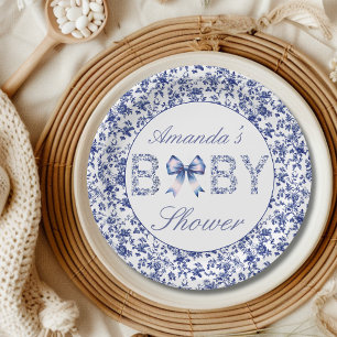 Elegant Blue Toile de Jouy and Bow Baby Shower Paper Plate