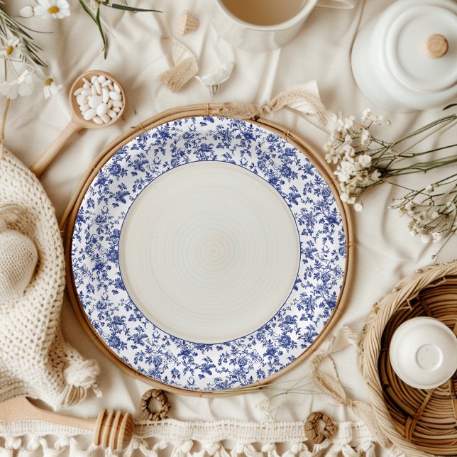 Elegant Blue Toile de Jouy and Bow Baby Shower Paper Plate (Creator Uploaded)