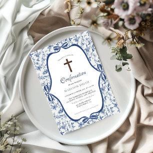 Elegant Blue Toile de jouy  baptism Invitation
