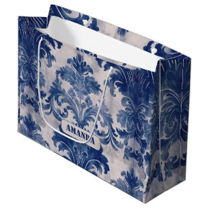Elegant Blue Toile De Jouy Damask Monogram Large Gift Bag