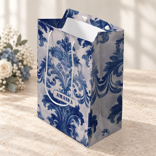 Elegant Blue Toile de Jouy Damask Monogram Medium Gift Bag