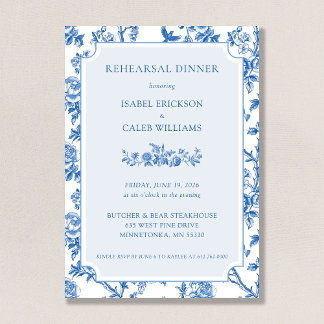 Elegant Blue Toile De Jouy Rehearsal Dinner Invitation