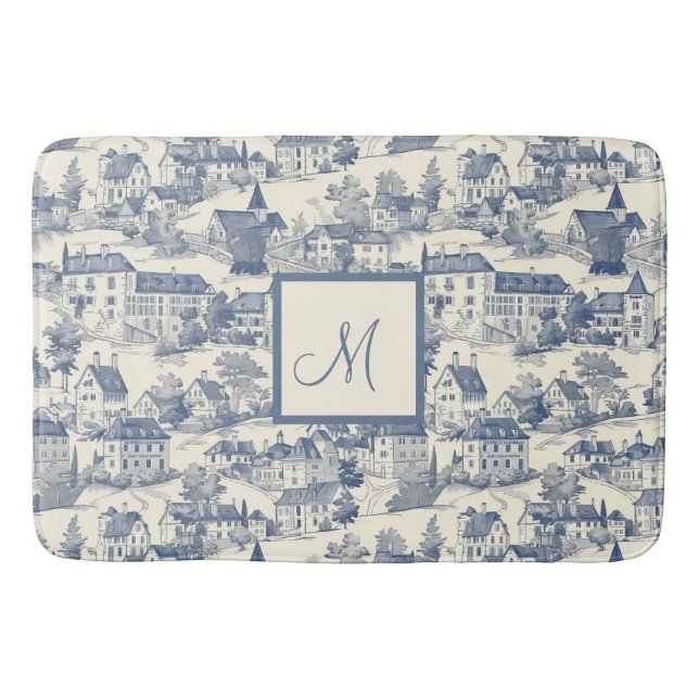 Elegant Blue Toile de Jouy Village Scene Bath Mat (Front)