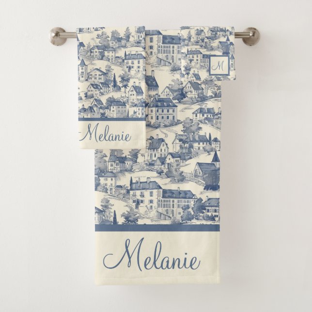 Elegant Blue Toile de Jouy Village Scene Bath Towel Set (Insitu)