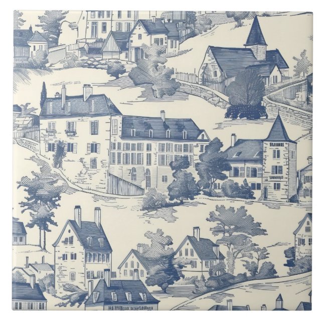 Elegant Blue Toile de Jouy Village Scene Ceramic Tile (Front)