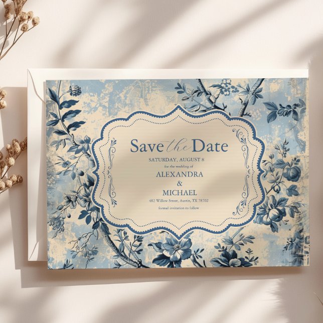 Elegant Blue Toile De Jouy  Wedding Save The Date (Creator Uploaded)