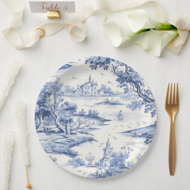 Elegant Blue Toile French Classic Porceline Style  Paper Plate (Wedding)