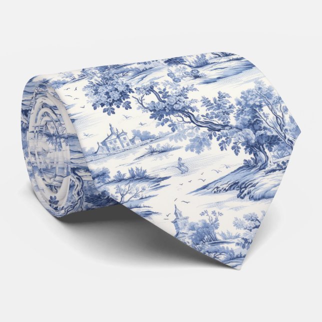Elegant Blue Toile French Romantic Pattern Tie (Rolled)