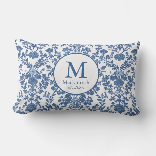 Elegant Blue Toile Monogram Lumbar Pillow (Front)