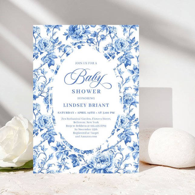 Elegant Blue Toile Rose Floral Baby Shower Invite (Elegant Blue Toile Rose Floral Baby Shower Invitation)