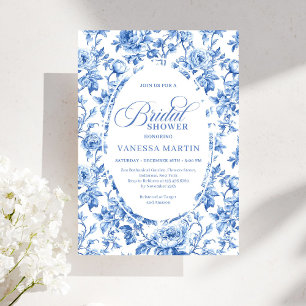 Elegant Blue Toile Rose Floral Bridal Shower Invit Invitation