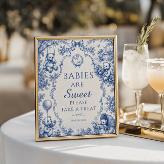 Elegant Blue Toile Teddy Bear Baby Shower Treat Poster