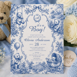 Elegant Blue Toile Teddy Bear Its a Boy Shower Invitation